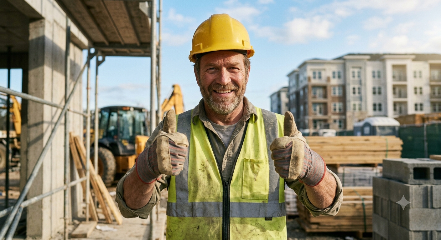 Trabajador de la construcción sonriente con casco amarillo mostrando los pulgares hacia arriba.