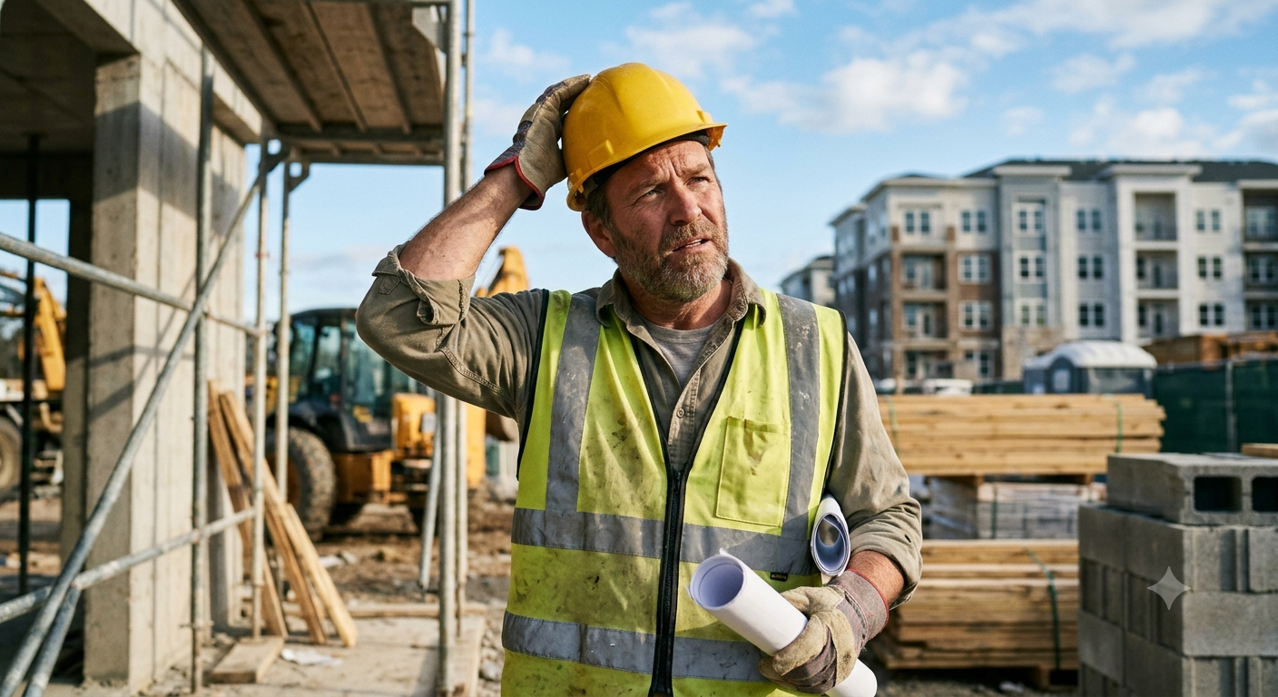 Trabajador de la construcción con casco amarillo sosteniendo planos de la obra.